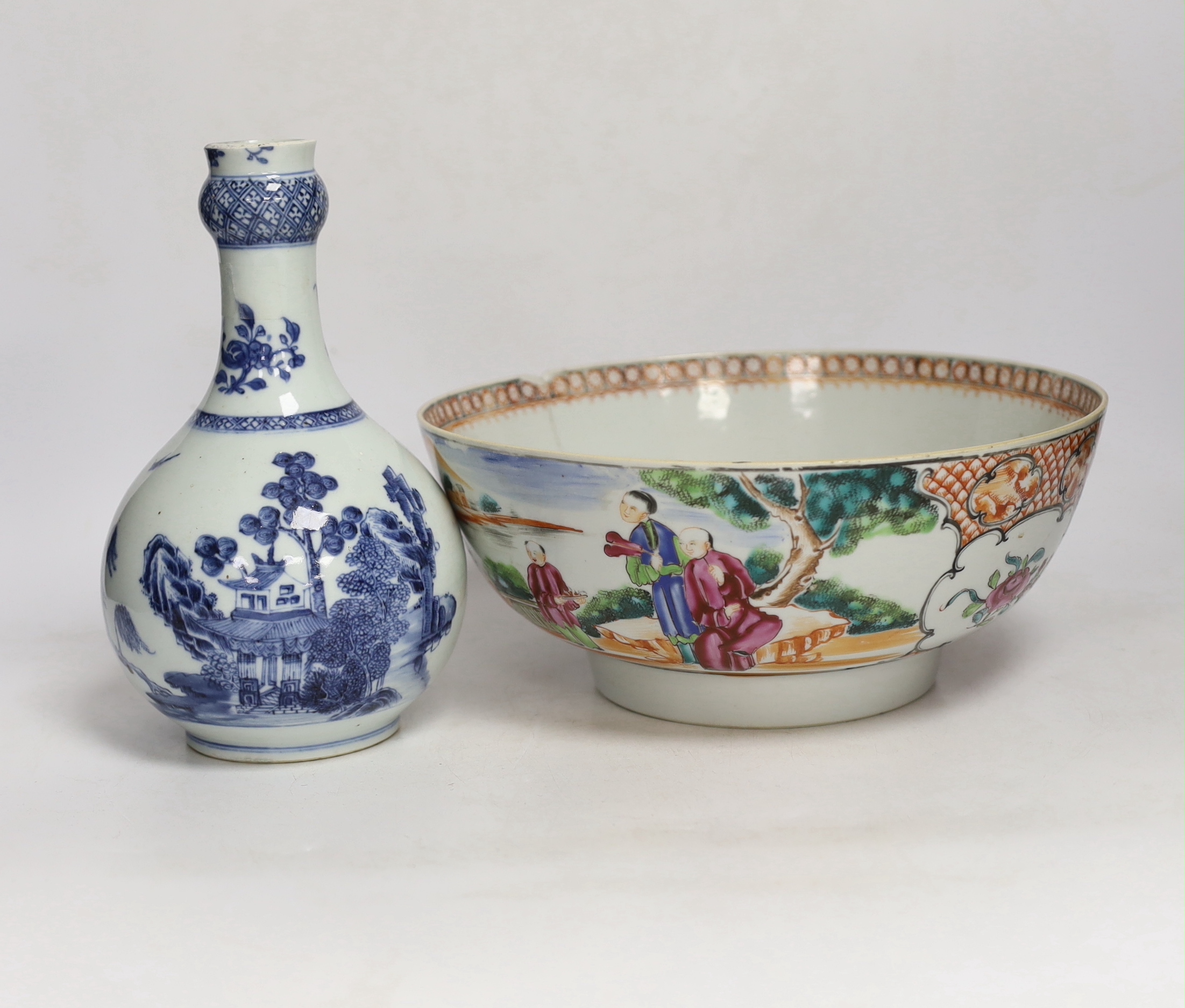 A Chinese Qianlong blue and white garlic neck vase and a famille rose bowl, 18th century largest 26cm in diameter